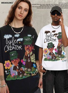 美式嘻哈说唱Tyler卡通人物印花做旧短袖T恤男宽松纯棉小领口半袖