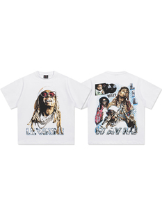 美式街头嘻哈Lil Wayne短袖t恤男女潮流vingtage宽松重磅纯棉半袖