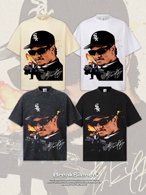 Eazy-E 美式复古水洗做旧数码直喷印花短袖T恤男宽松重磅纯棉半袖