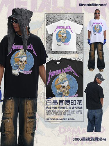Metallica纪念T恤男vintageDamaged Justice骷髅oversize落肩短袖