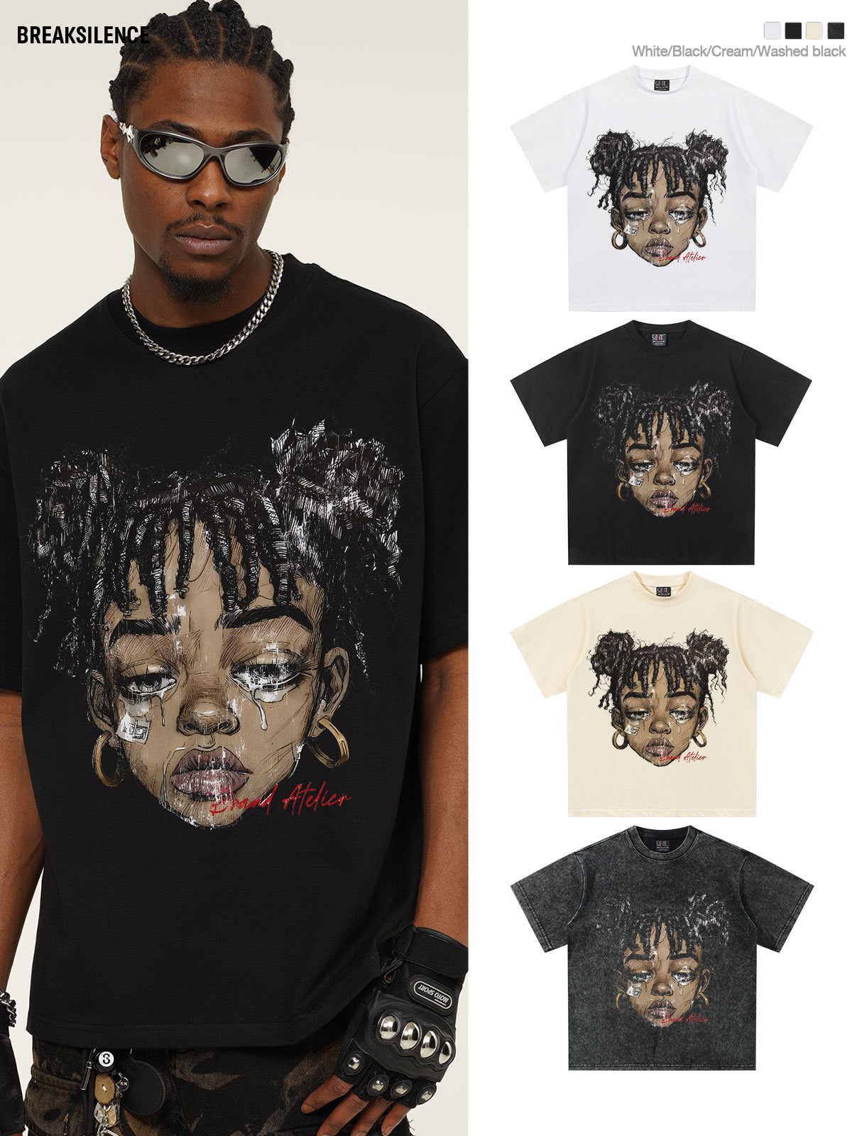 美式街头嘻哈小辣妹印花短袖T恤男女复古水洗宽松300g纯棉半袖ins