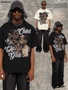 T恤男女潮牌oversize宽松纯棉百搭半袖 嘻哈祈祷男孩印花短袖 美式