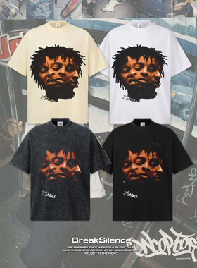 21 Savage 美式嘻哈数码直喷印花短袖T恤男女vintage宽松重磅半袖