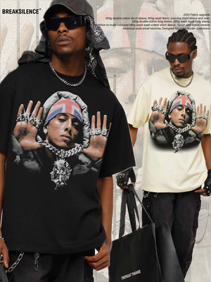 美式嘻哈Central Cee人物印花短袖T恤男潮牌宽松纯棉百搭情侣半袖