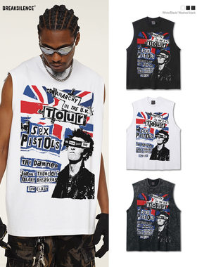 摇滚乐队Sex Pistols坎肩T恤男美式复古做旧宽松重磅纯棉无袖背心