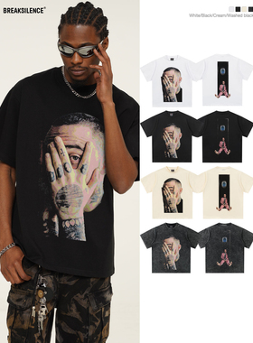 美式复古嘻哈hiphop说唱人物印花短袖T恤男水洗做旧宽松纯棉半袖