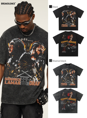美式复古嘻哈Lamar&Drake印花短袖T恤男水洗做旧重磅纯棉宽松半袖