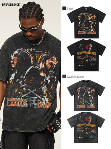 美式复古嘻哈Lamar&Drake印花短袖T恤男水洗做旧重磅纯棉宽松半袖