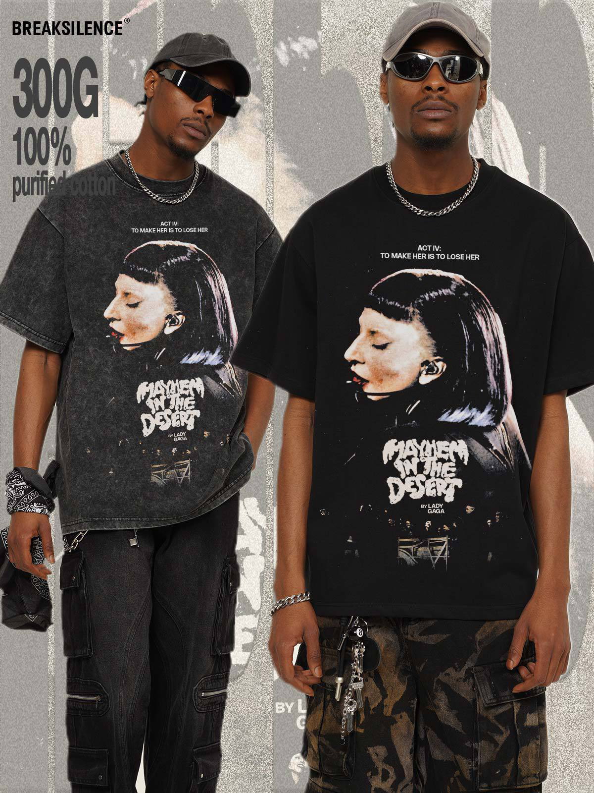 美式嘻哈Lady Gaga人物印花水洗短袖T恤男女街头嘻哈宽松纯棉半袖