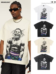 vintage宽松300g重磅纯棉百搭半袖 拳击TANK人像印花短袖 t恤男美式