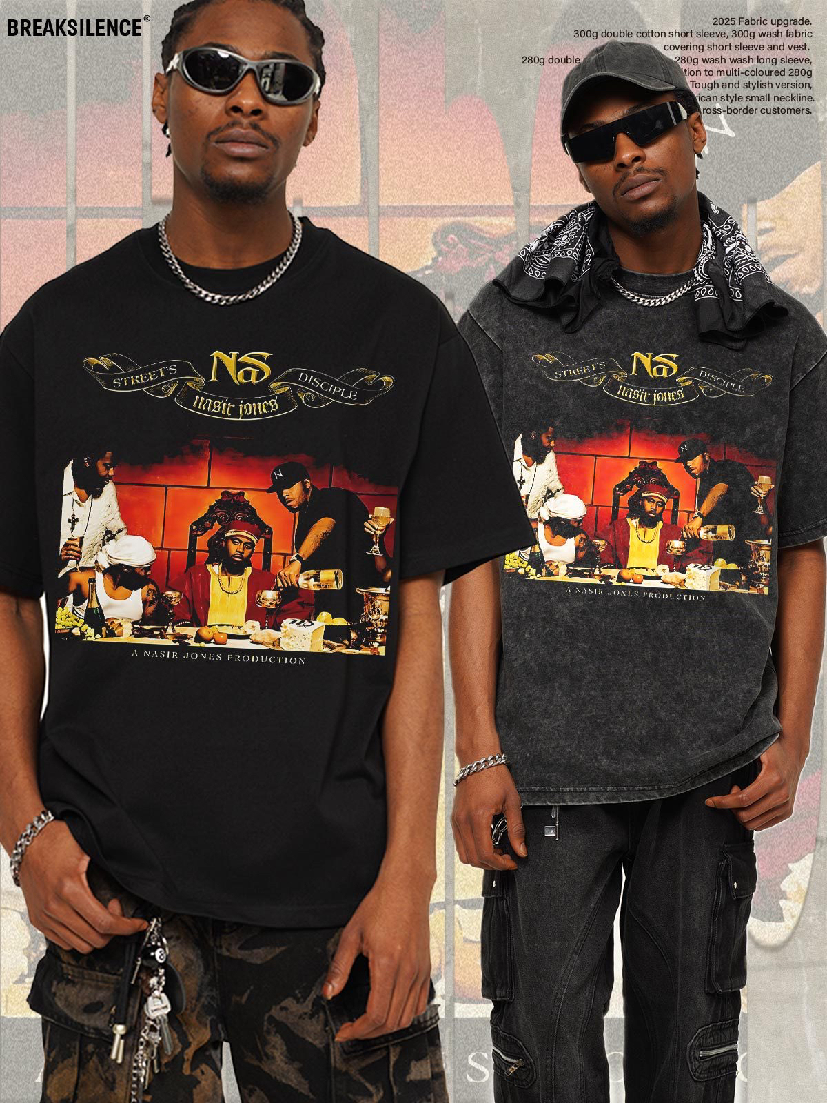 美式嘻哈说唱NS水洗做旧短袖T恤男潮牌300g重磅纯棉宽松情侣半袖