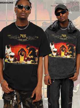 美式嘻哈说唱NS水洗做旧短袖T恤男潮牌300g重磅纯棉宽松情侣半袖