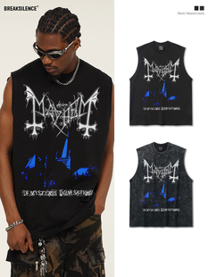 Mayhem乐队坎肩背心t恤男女美式复古做旧vintage宽松纯棉无袖背心