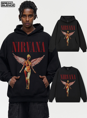 涅槃乐队Nirvana嘻哈说唱人物印花连帽卫衣男女复古重磅宽松外套