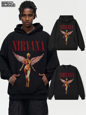 涅槃乐队Nirvana嘻哈说唱人物印花连帽卫衣男女复古重磅宽松外套