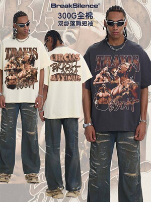 Travis Scott 美式复古300G重磅纯棉oversize宽松小领口短袖T恤男