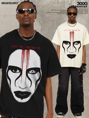 美式潮牌玛丽莲曼森数码直喷印花短袖T恤男宽松纯棉小领口上衣ins