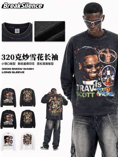 小众Travis Scott长袖男vintage Astroworld宽松oversize纯棉上衣