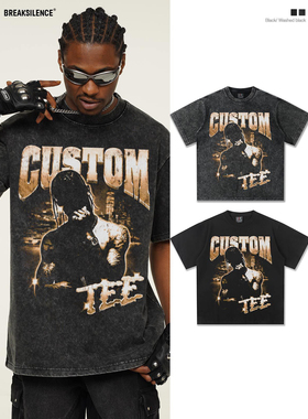 美式嘻哈Travis人物直喷印花短袖T恤男女夏季hiphop宽松纯棉半袖