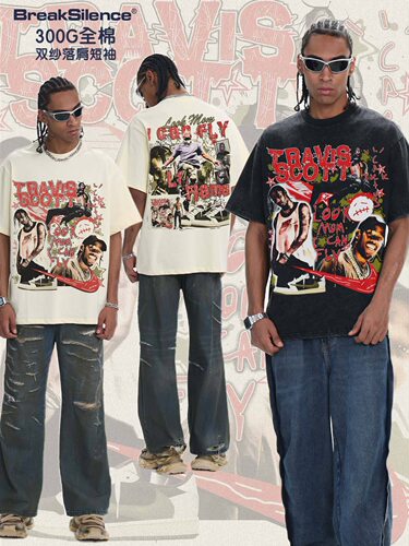 Travis Scott 美式复古人物印花水洗做旧短袖T恤男宽松纯棉小领口