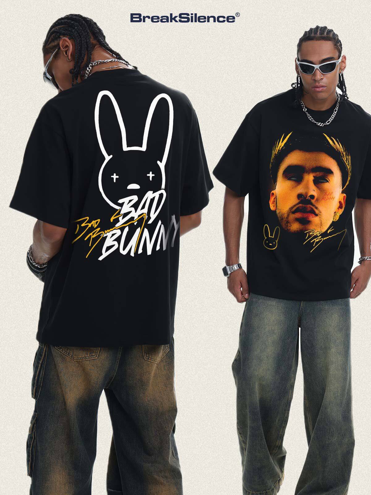 美式复古Bad Bunny坏痞兔T恤男300g重磅棉高街拉美说唱印花短袖女