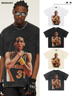 美式篮球雷吉米勒印花短袖T恤男街头嘻哈300g重磅纯棉宽松半袖ins