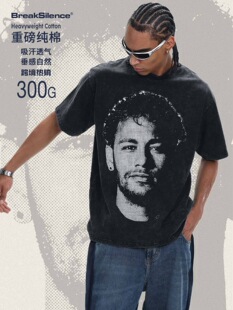Neymar内马尔印花美式复古vintage宽松重磅纯棉小领口短袖T恤男女