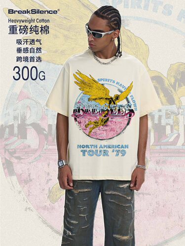 Led Zeppelin 美式高街小领口透气300g重磅纯棉宽松短袖T恤男潮牌
