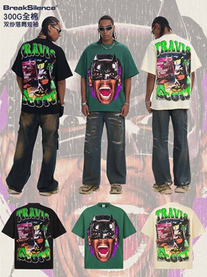 Travis 蝙蝠侠美式复古水洗炒雪花300g重磅纯棉宽松嘻哈短袖T恤男
