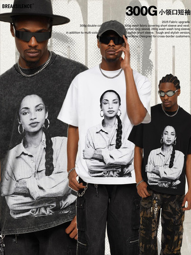 美式复古嘻哈SADE人物印花短袖T恤男女潮流300g重磅纯棉宽松半袖