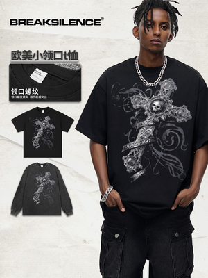 美式复古招魂十字架印花长袖T恤男欧美潮牌水洗做旧重磅纯棉短袖