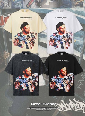 美式复古MJ数码印花水洗做旧短袖T恤男vintage宽松重磅纯棉上衣服