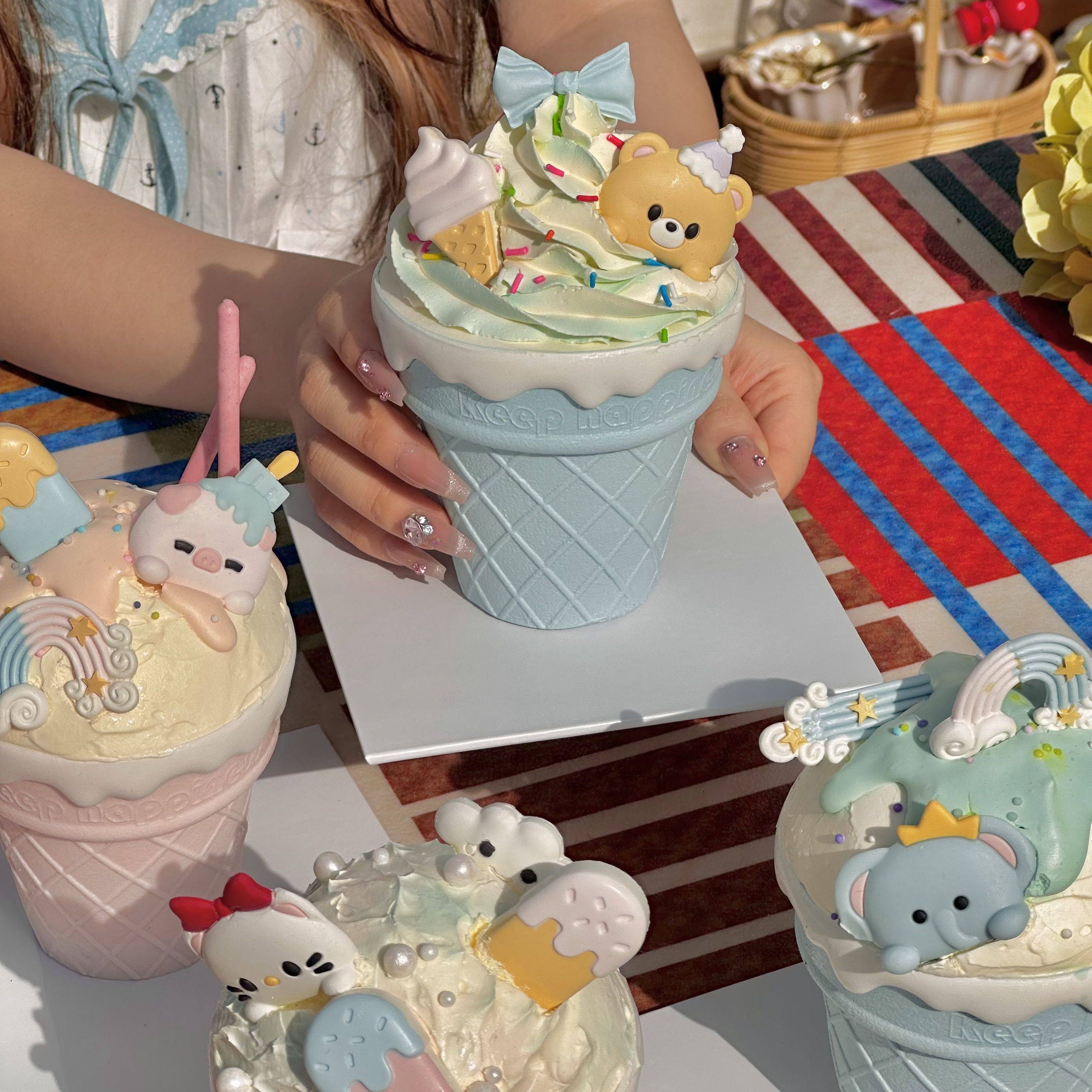 儿童节甜筒巧克力蛋糕杯子装饰小猫成品翻糖小动物宝宝生日烘焙