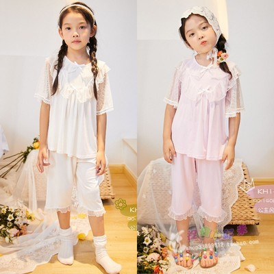 KISKISS品牌童装夏款儿童女孩宝宝公主网纱蕾丝家居服两件套装
