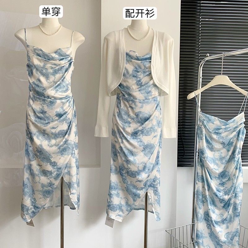 法式温柔设计感套装女披肩2024夏季冰丝开衫碎花吊带连衣裙两件套