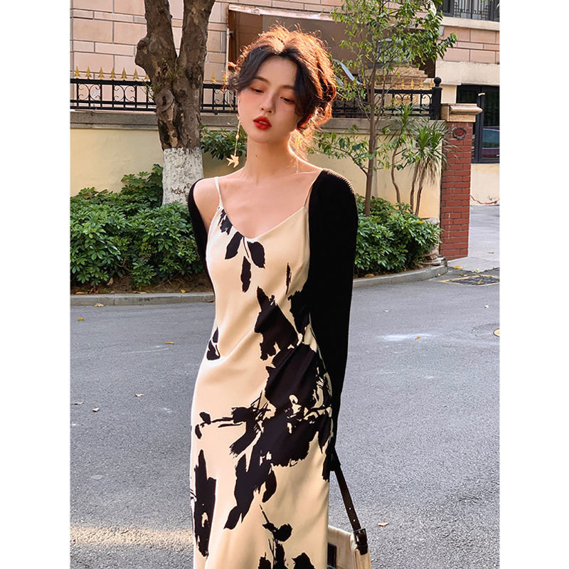 法式轻熟吊带连衣裙女人味V领印花中长裙时尚开衫冰丝披肩套装潮