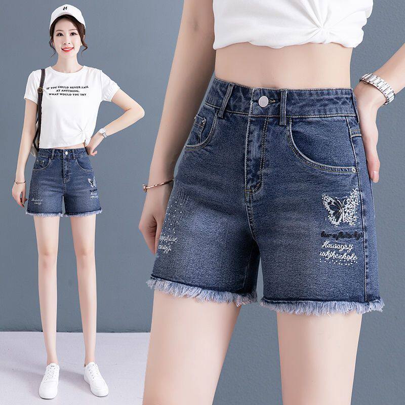 夏季牛仔短裤女新款高腰显瘦弹力直筒个性刺绣毛边穿搭夏天三分裤