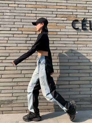 老爹裤女宽松拼接牛仔裤春季新款潮ins显瘦工装束脚裤2023阔腿
