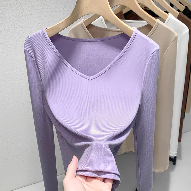 丹语螺纹打底衫女2024年新款欧货女装气质v领长袖t恤弹力内搭