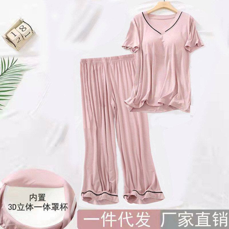 莫代尔睡衣女士2022新款夏季薄款宽松舒服短袖七分裤可外穿家居服
