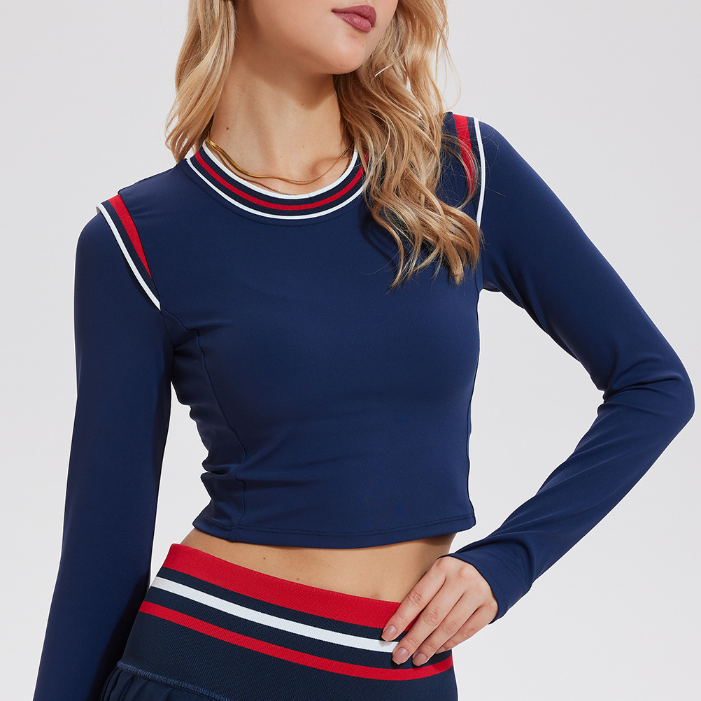 网球服女撞色假两件长袖短款圆领