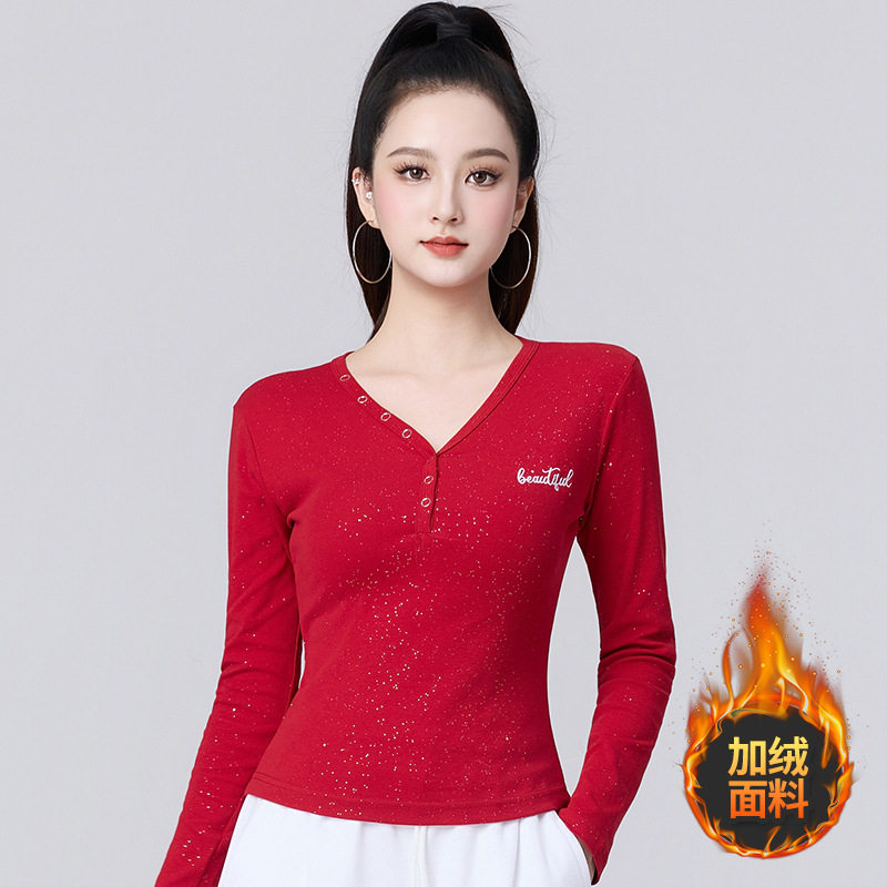 加绒百搭修身显瘦佳木斯广场鬼步爵士舞蹈长袖V领运动跑步服上衣