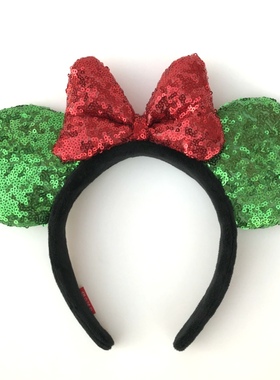 迪士尼发箍女 圣诞节假日米妮动物头饰 绿色亮片米奇蝴蝶结头箍