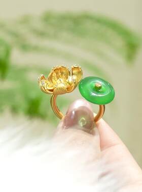 正阳绿色仿翡翠莲花平安扣开口戒指女碎钻荷花国风活口指环精致