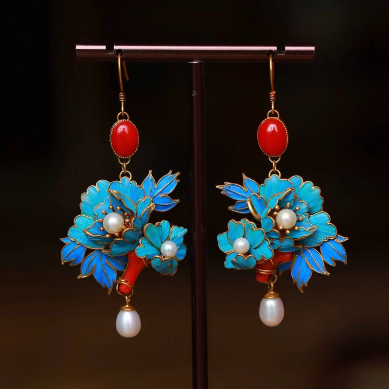 非遗花丝仿点翠牡丹花富贵耳环耳坠优雅古典风格显气质国风装饰