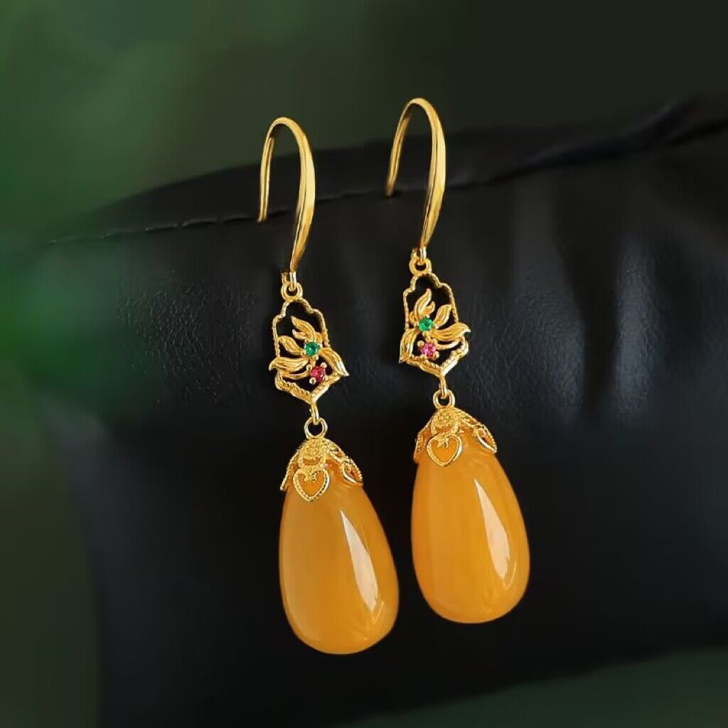 新中式老蜜蜡耳饰气质水滴耳坠兰花古典花窗小众设计旗袍耳环饰品