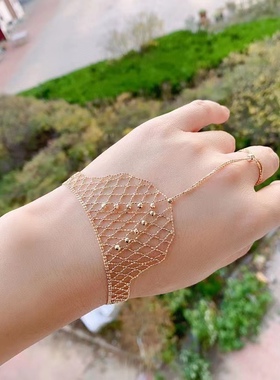 蕾丝编织网状仙女手链带戒指一体