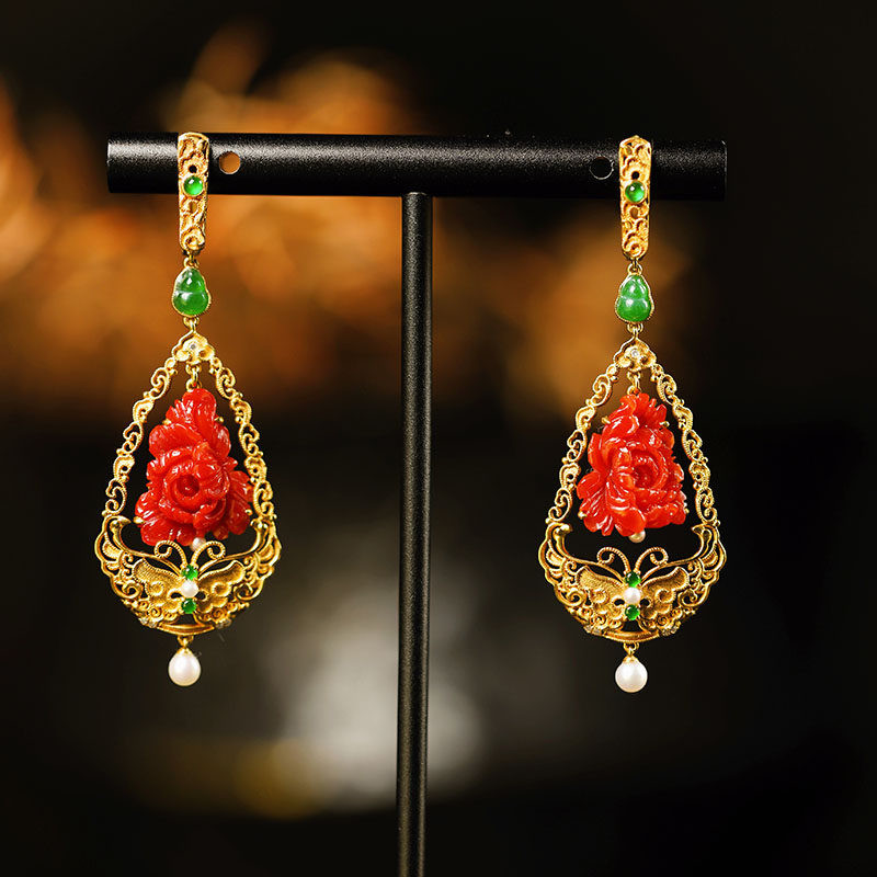 牡丹金缕牡丹花耳坠葫芦新中式花卉耳饰百搭国凤首饰装饰优雅古典
