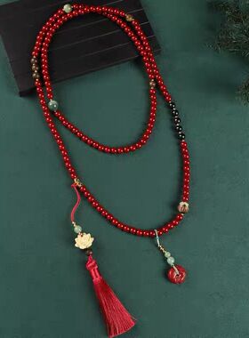 新中式红色仿朱砂长款女毛衣链国风项链古风旗袍配饰流苏气质古典