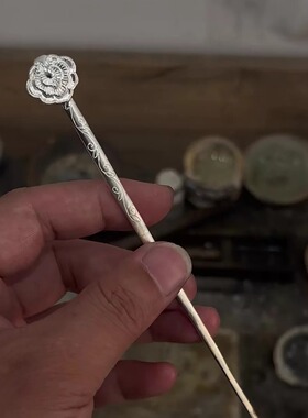旧纹牡丹直杆发簪古雅雕花银色簪复原感新中式日常盘发头饰女生